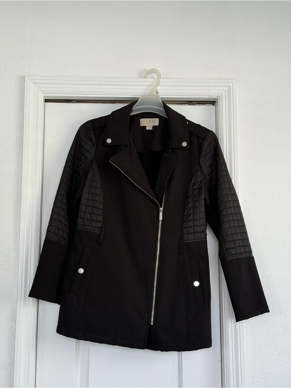 Michael Kors Black Quilted-Sleeve Moto Pea Coat No belt